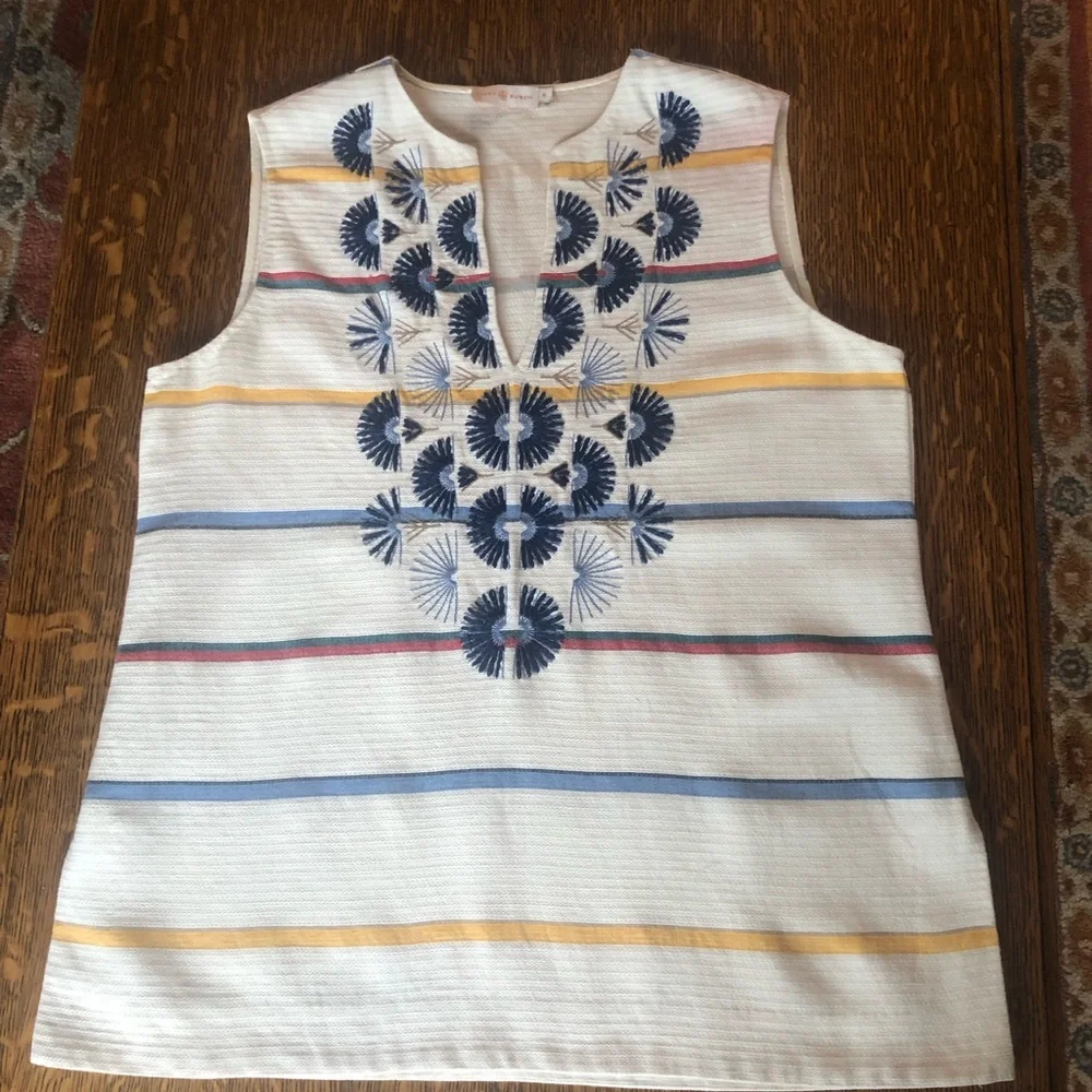 Tory Burch “Avery” Tunic with Navy Embroidery, and Multi-Colored Striped Body